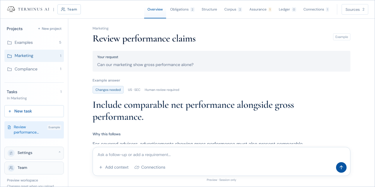 Terminus AI desktop workspace showing a sourced legal analysis